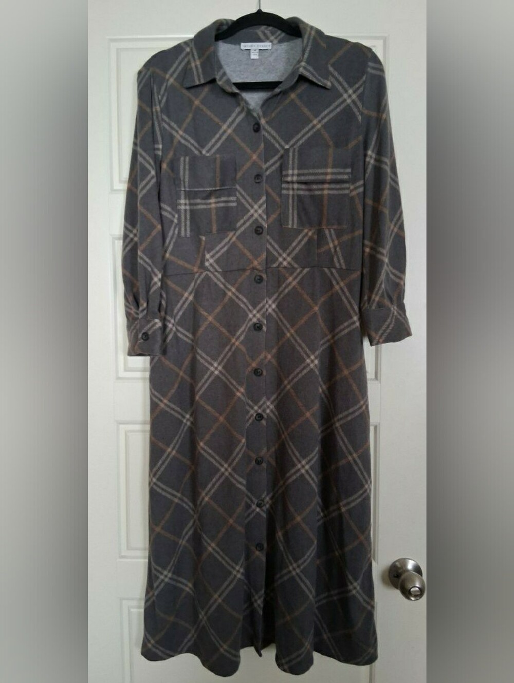 Sandra Darren Gray Plaid Maxi Shirt Dress with Tan Accents - Medium